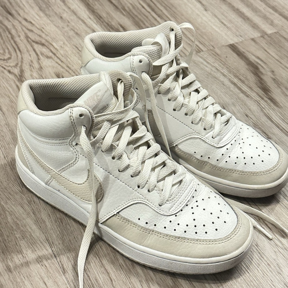 Nike Court Vision Mid Womens 8 Leather Mid Top Sneakers CD5436-106 White Beige